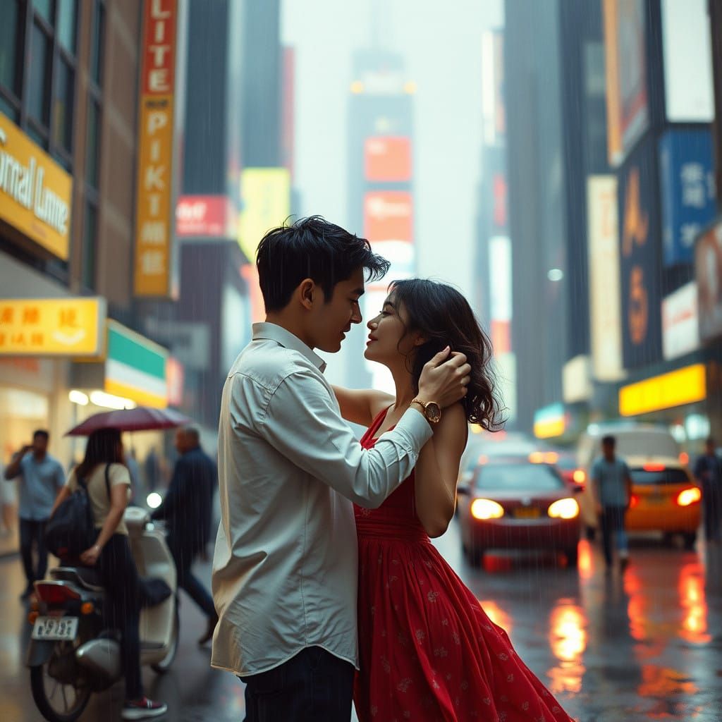 Romantic Couple Dancing in Rainy City Streets - Cinematic Fi...