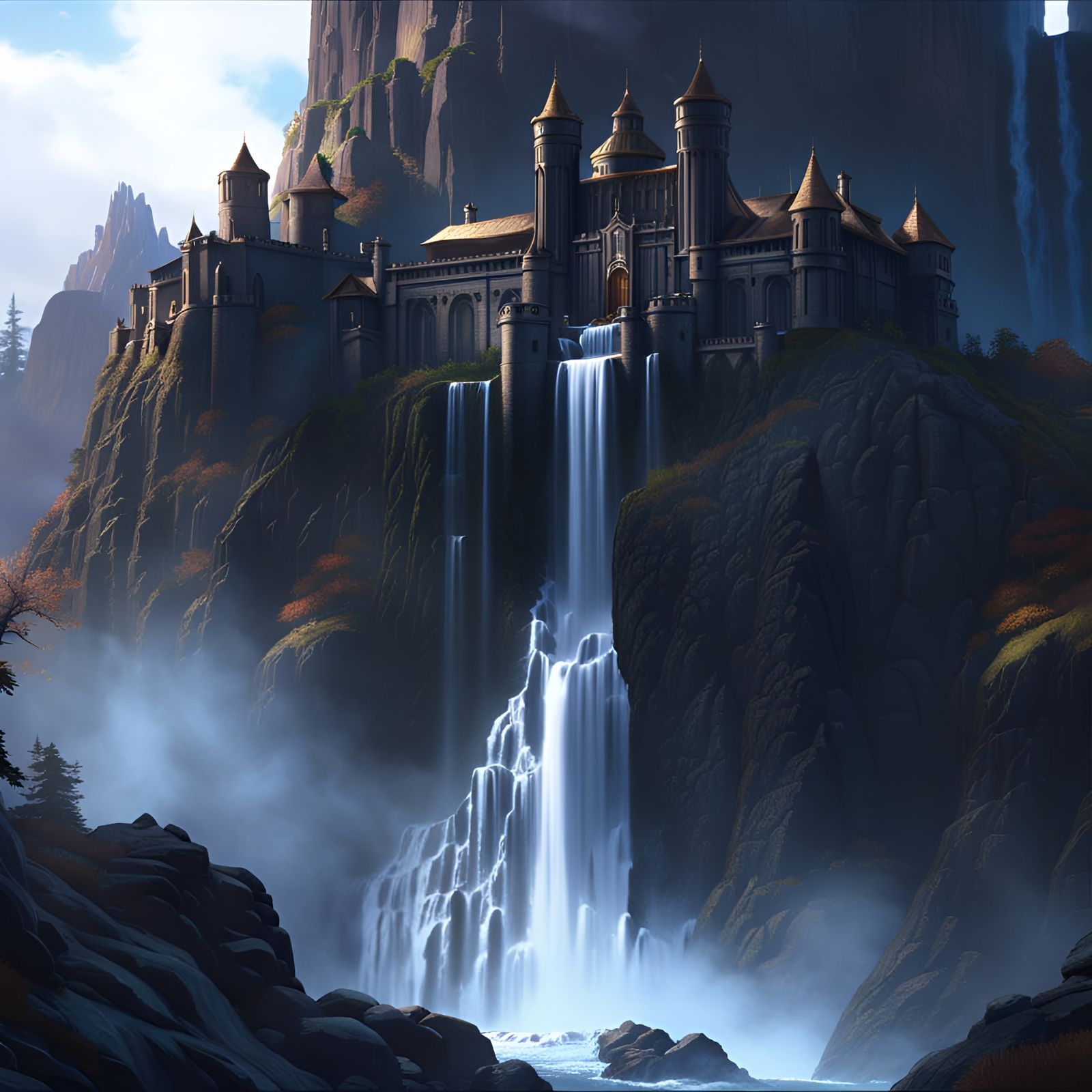 Fantasy Castle Waterfall Mountain Concept Art