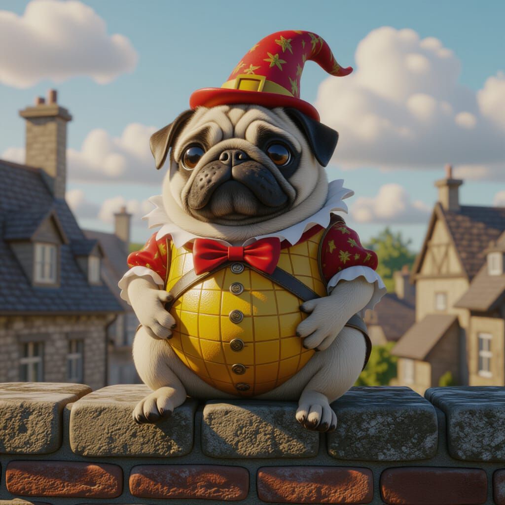 Pug Humpty Dumpty on a Wall Fantasy Art