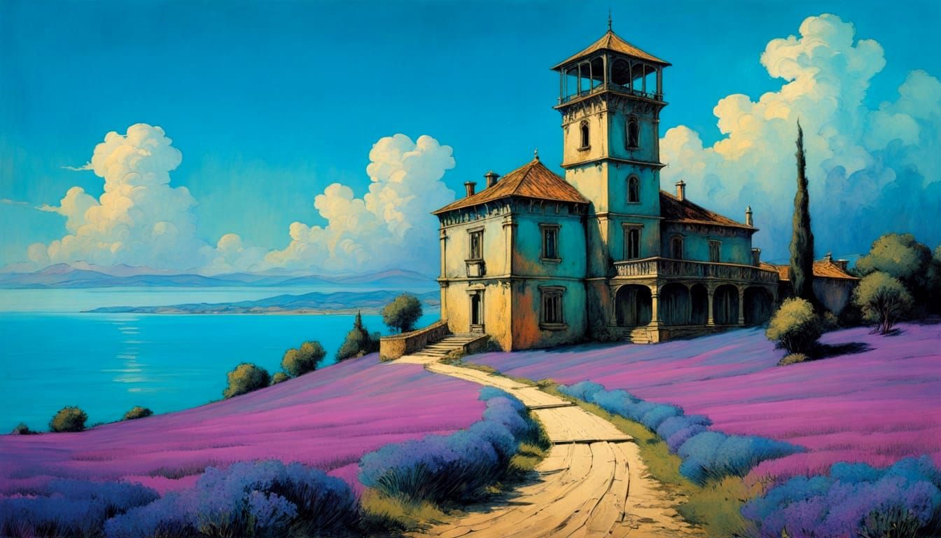 Mediterranean House in Alcohol Ink Style with Lavender