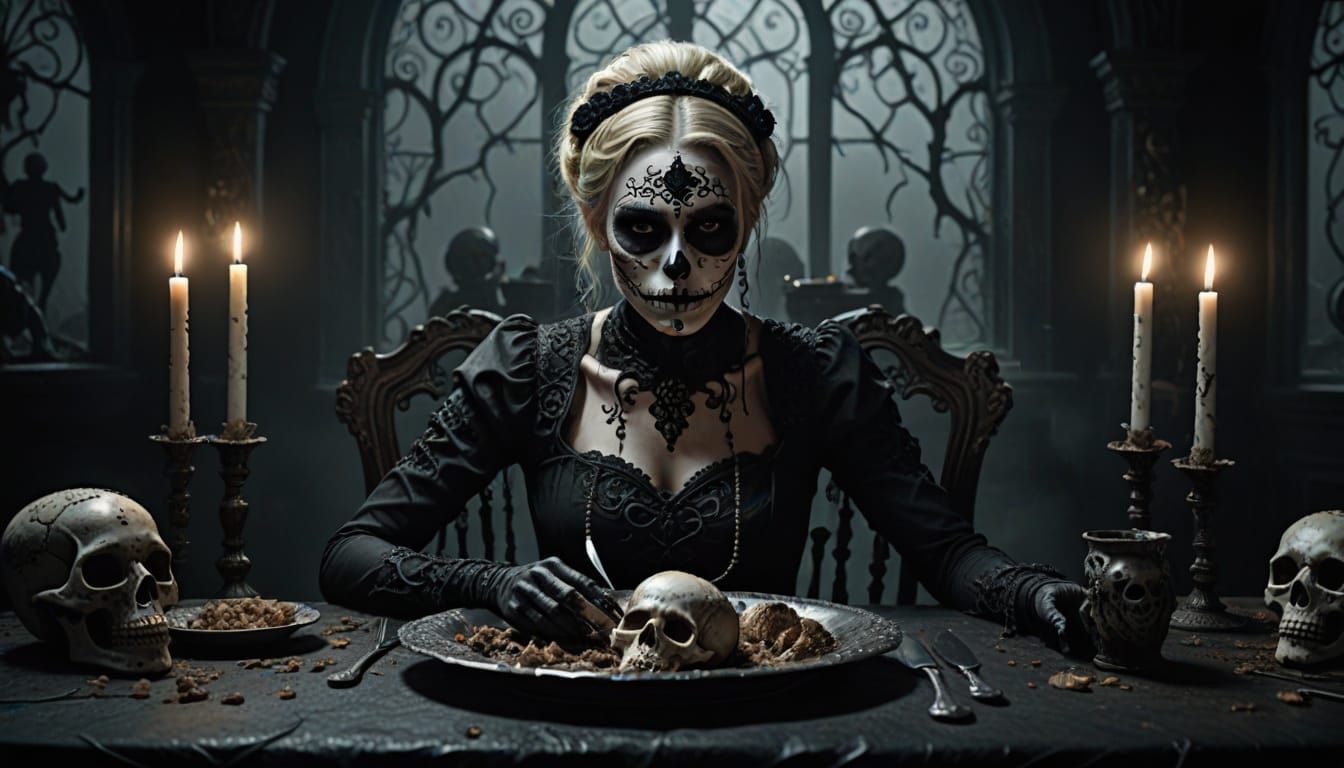 Gothic Woman with Sugar Skull Makeup at a Feast for the Dead