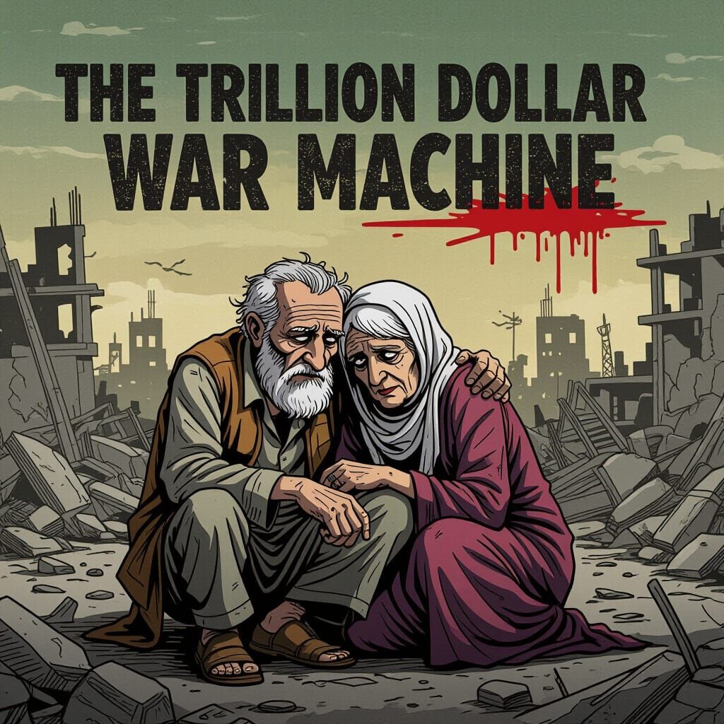 Gaza Couple in War-Torn Ruins: Gritty Cartoon