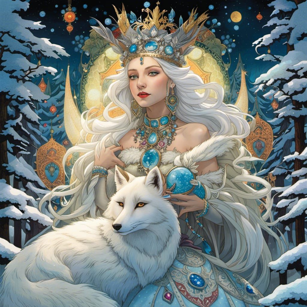 Snow Queen in Snowy Forest, Maximalist Fantasy Art