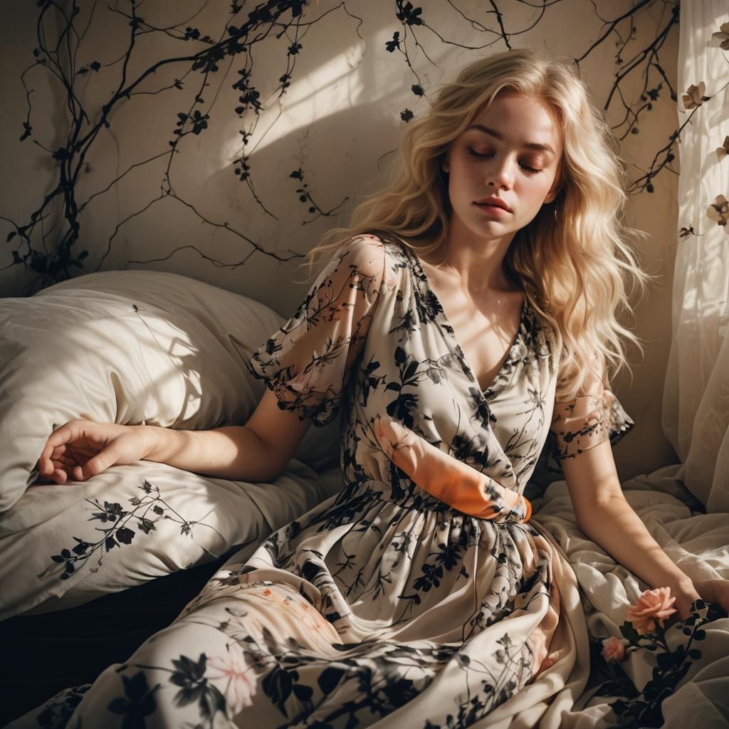 Dreamlike Girl Asleep in Deserted Bedroom, Digital Art