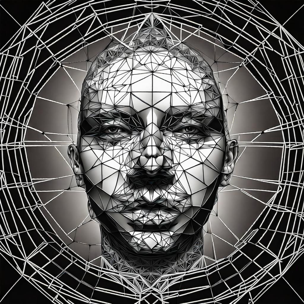 Wireframe Face Dissolving into Cosmic Mandala