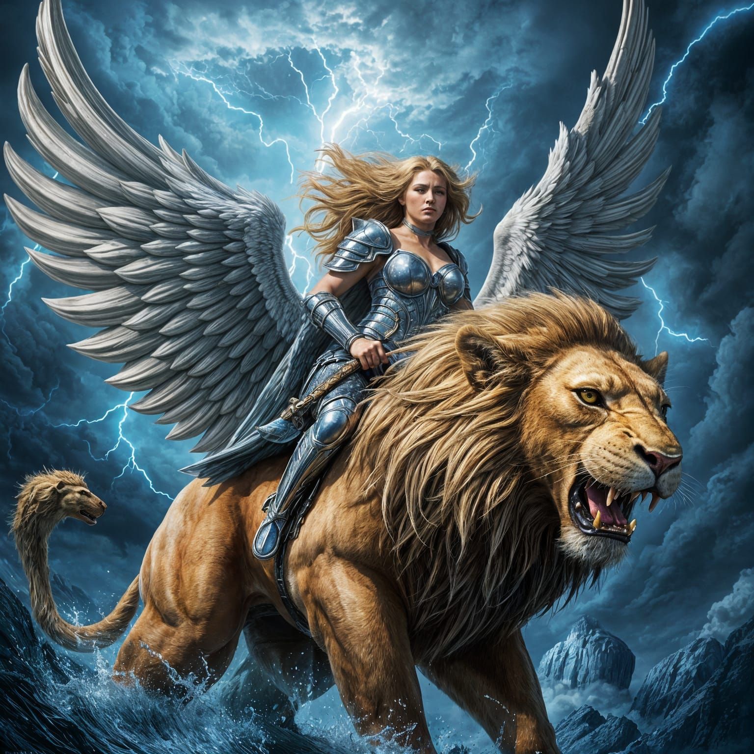 Viking Warrior Valkyrie Soars on Winged Lion