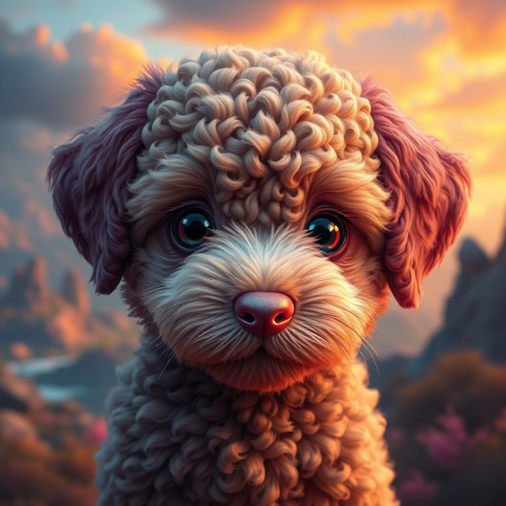 Curly-Furred Puppy in Detailed Fantasy Landscape