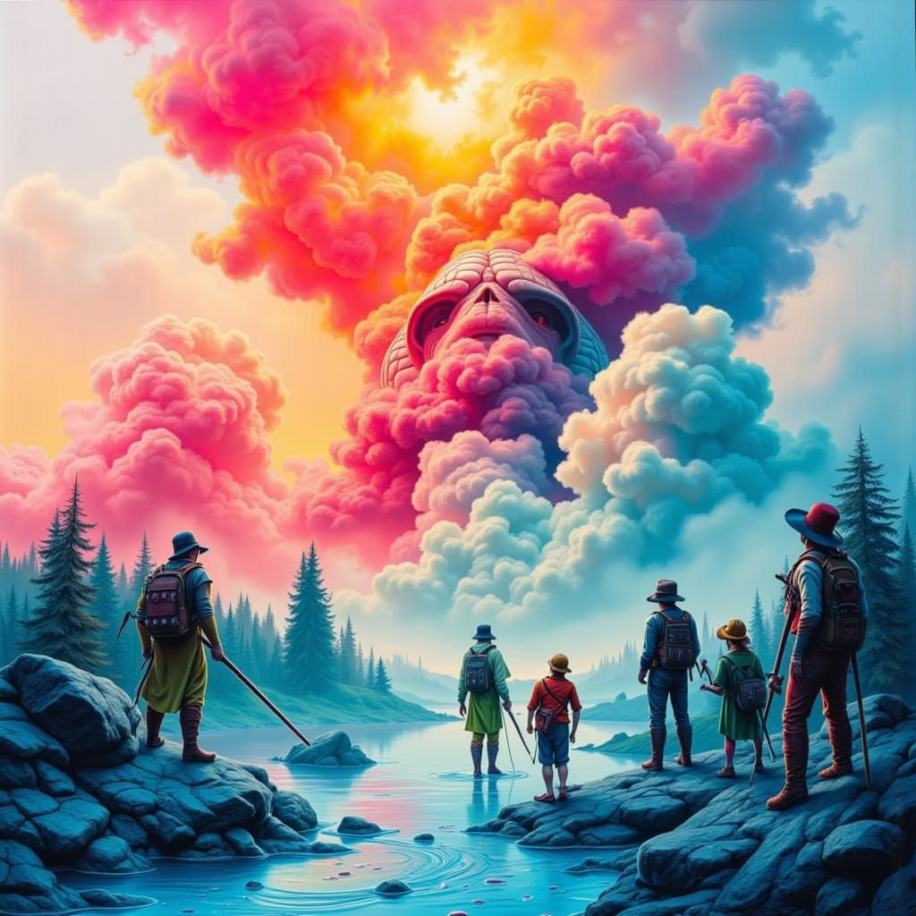 Smokey Figures in Misty Landscape with Airbrush Effect