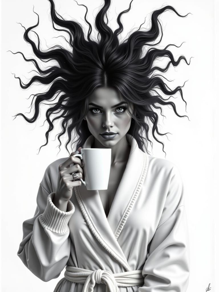 Surreal Woman in Greyscale Holding Coffee Cup