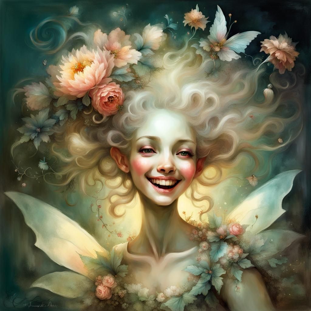 Rococo Flower Fairy Laughing in Garden