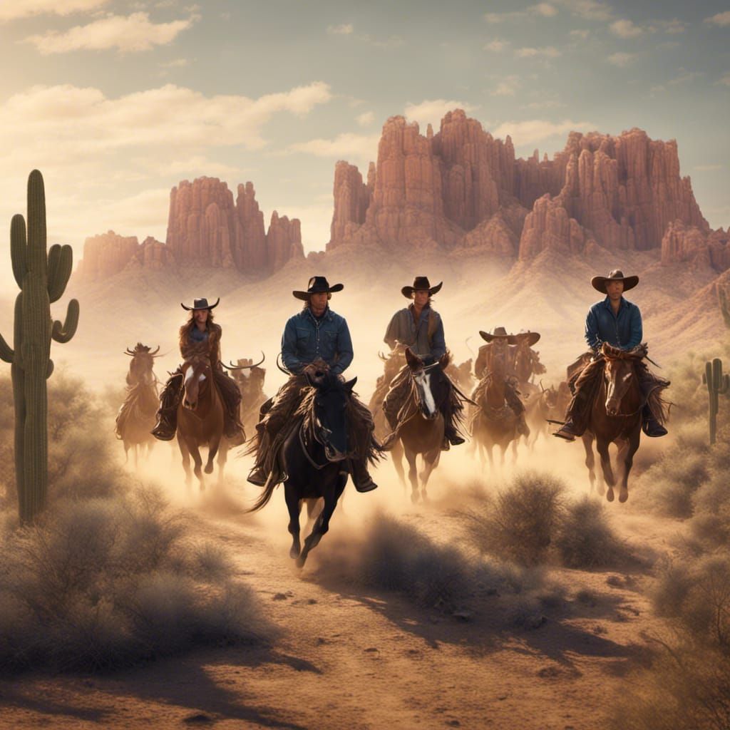 Cowboys and Cowgirls Herd Cattle in Desert Landscape