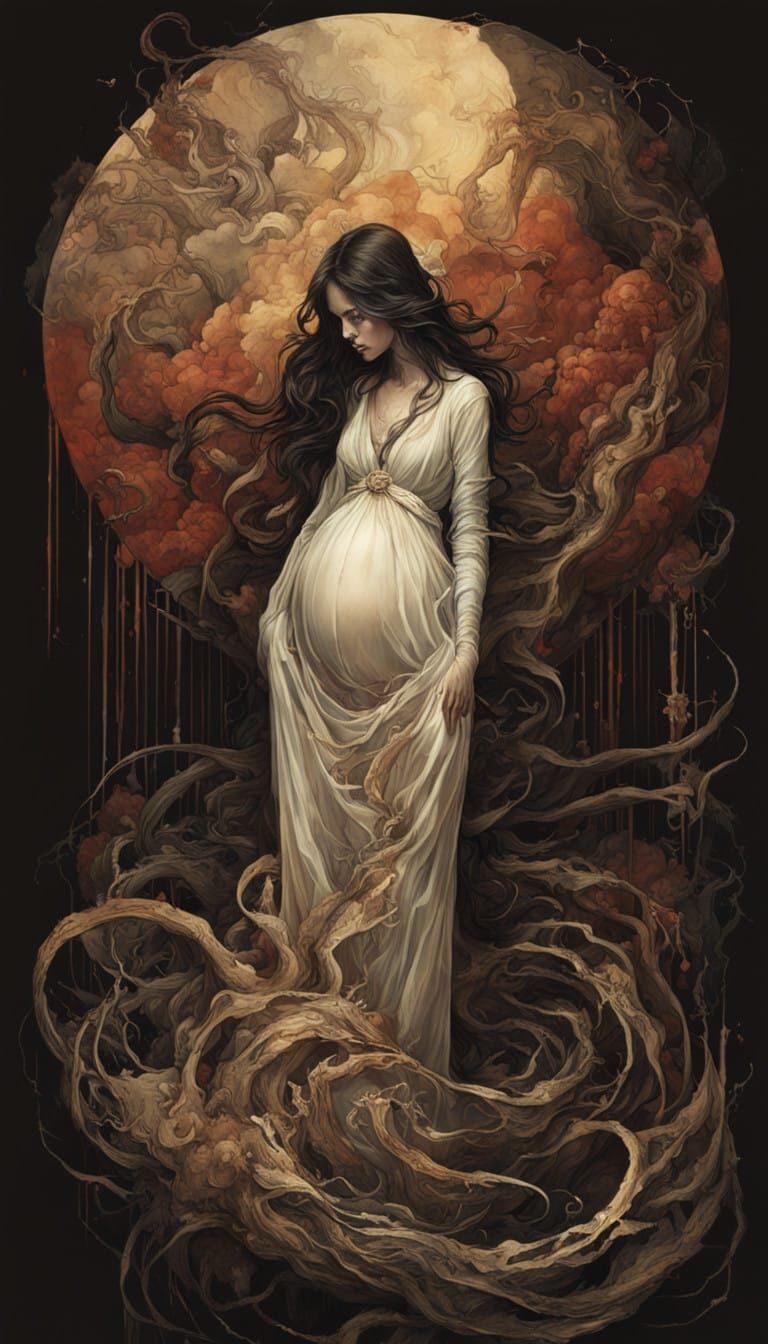 Dark Fantasy Portrait of Pregnant Woman in Rugged Landscape