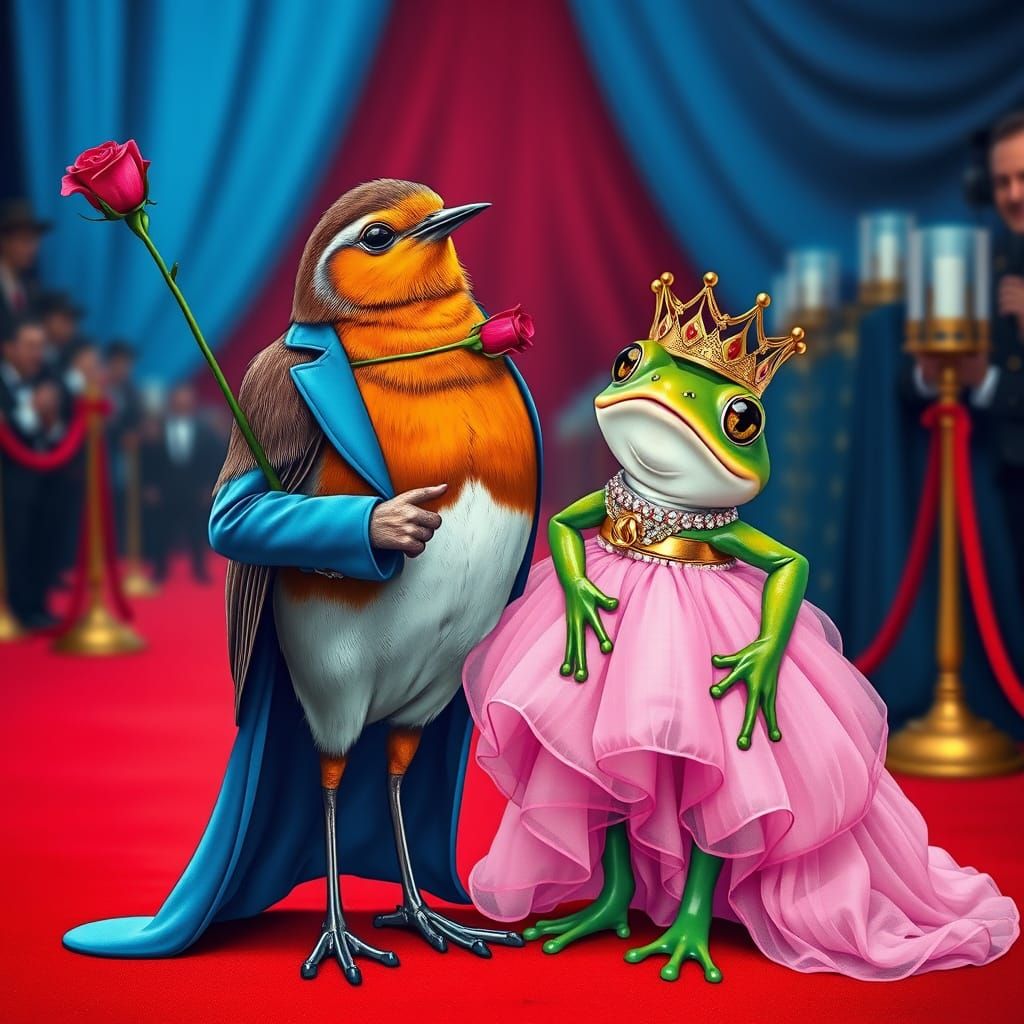 Robin and Frog at Gala in Pop Surrealist Style