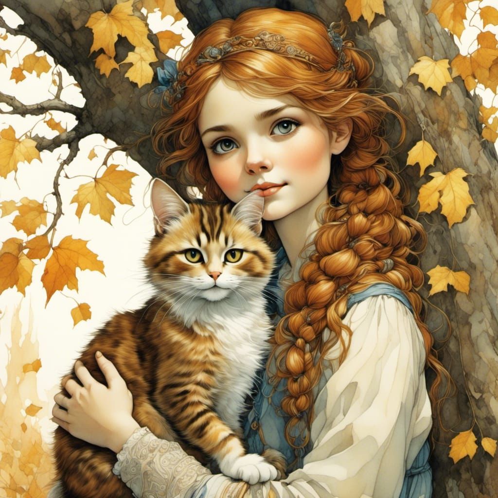 Portrait of Woman with Cat in Autumn Woods