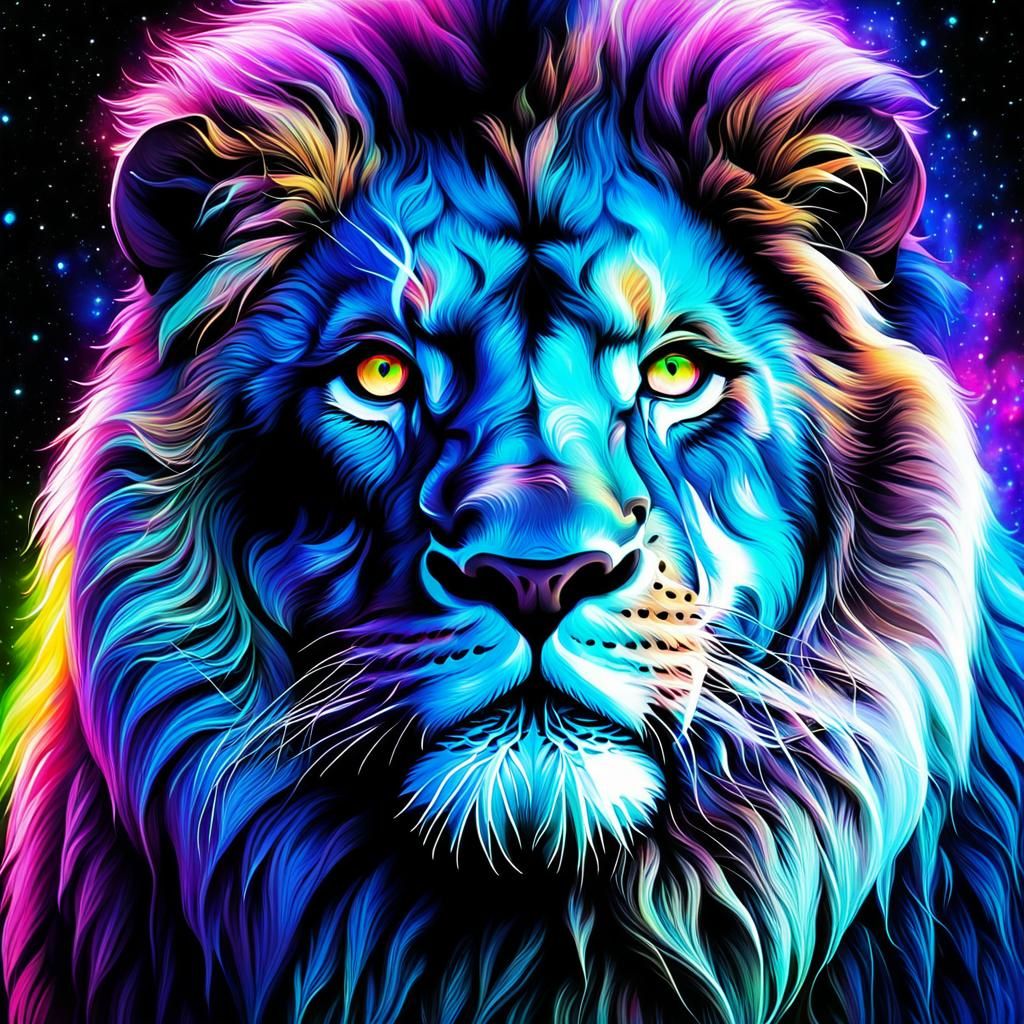 Lion Face in Northern Lights: Holographic Illustration