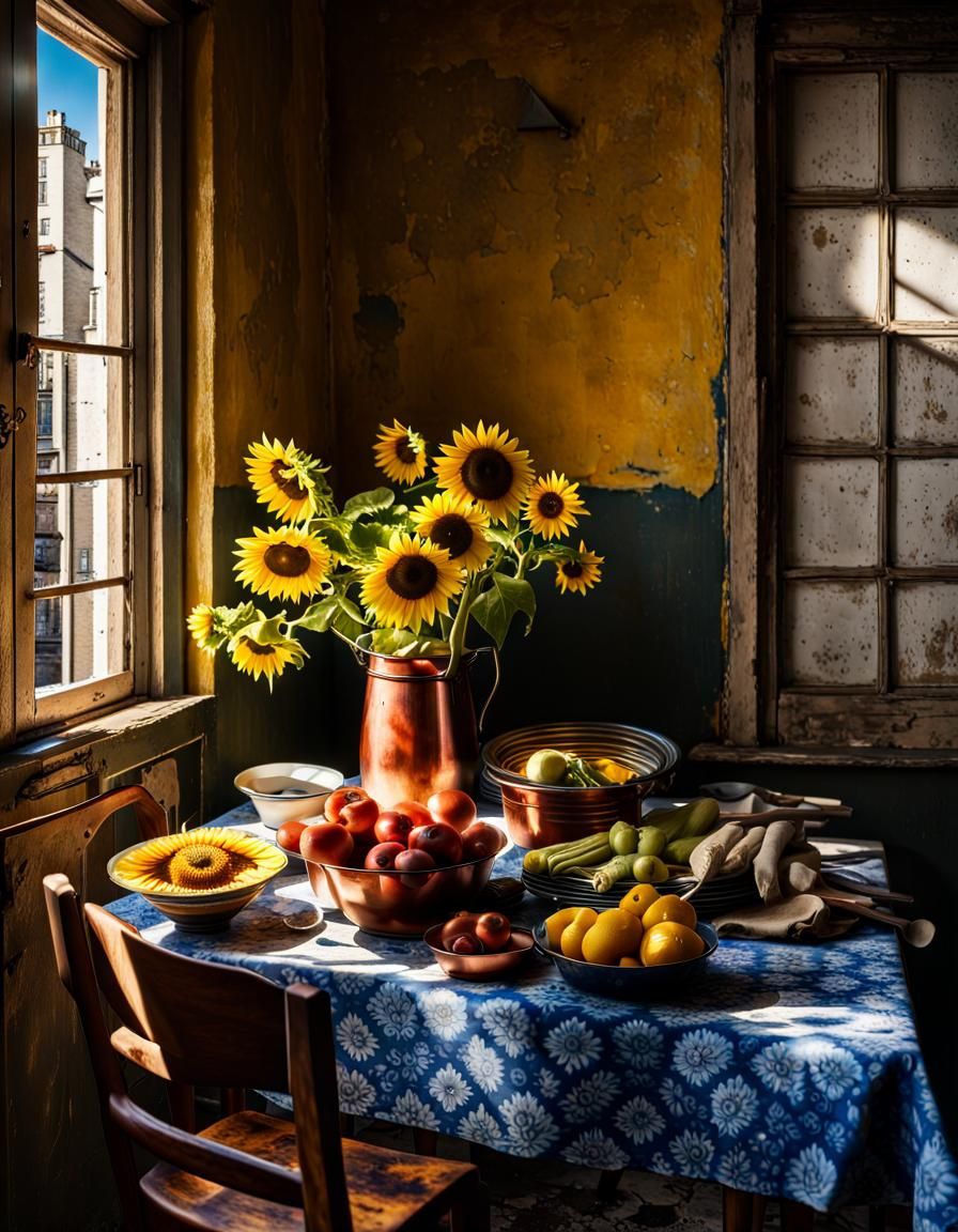 Sunflowers and Fruit Still Life in Magical Realism