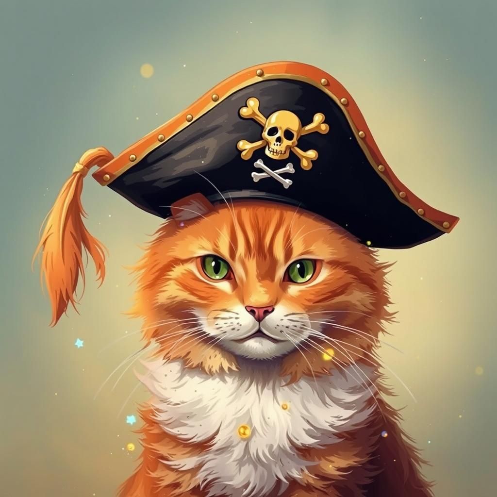 Orange Pirate Cat Guarding Treasure in Whimsical Style