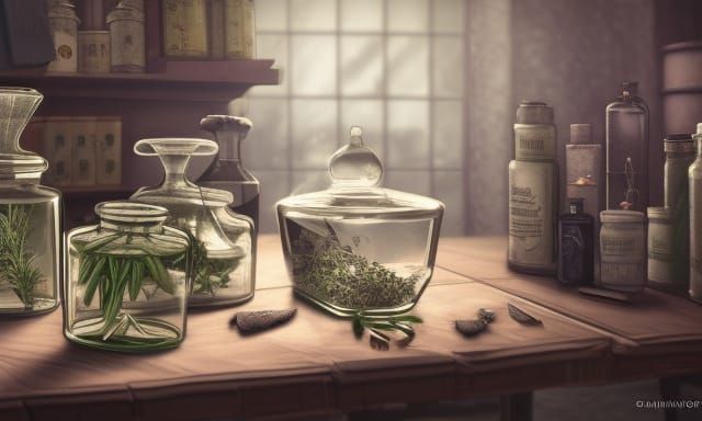 Detailed Apothecary Still Life in 3D Cinematic Style