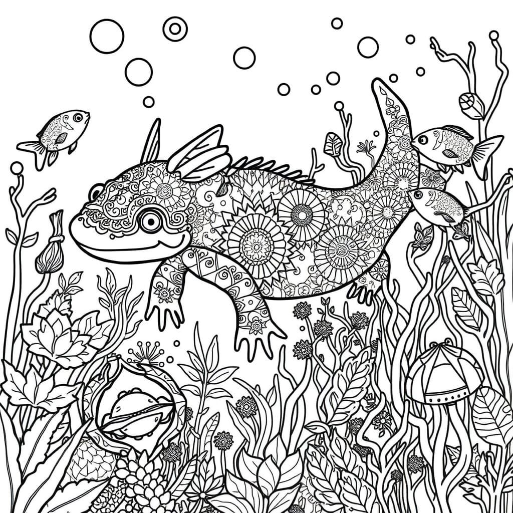 Underwater Whimsy in Black and White Line Drawing
