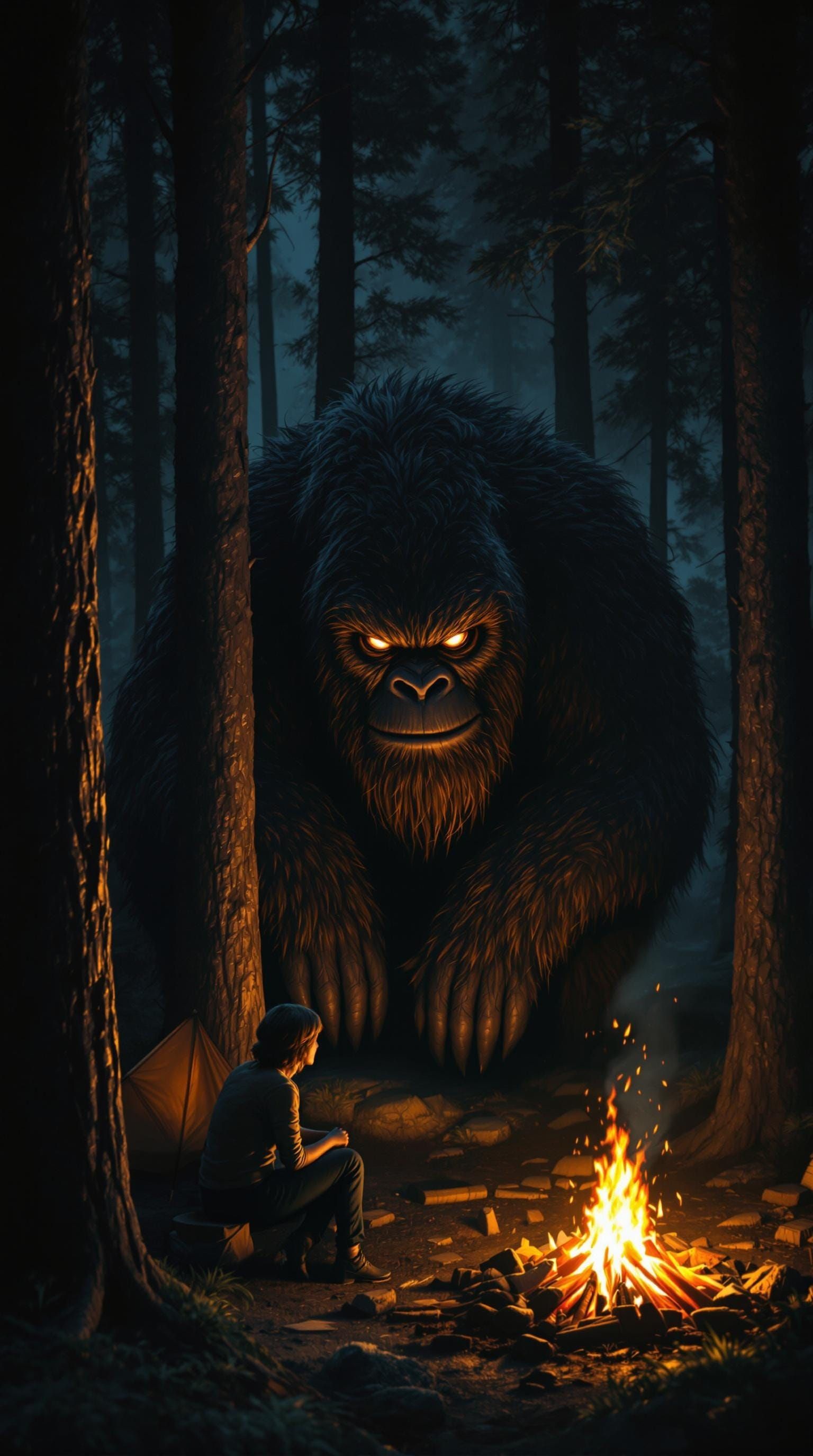 Hidden from view, An ancient bigfoot sits crouched down hiding among the trees. Approximately 20 feet away,  a camper is...