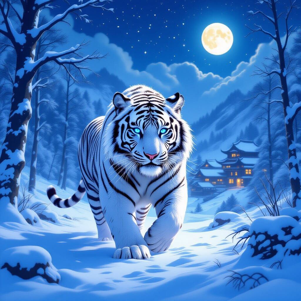 White Tiger Prowls Snowy Forest Under Starry Sky