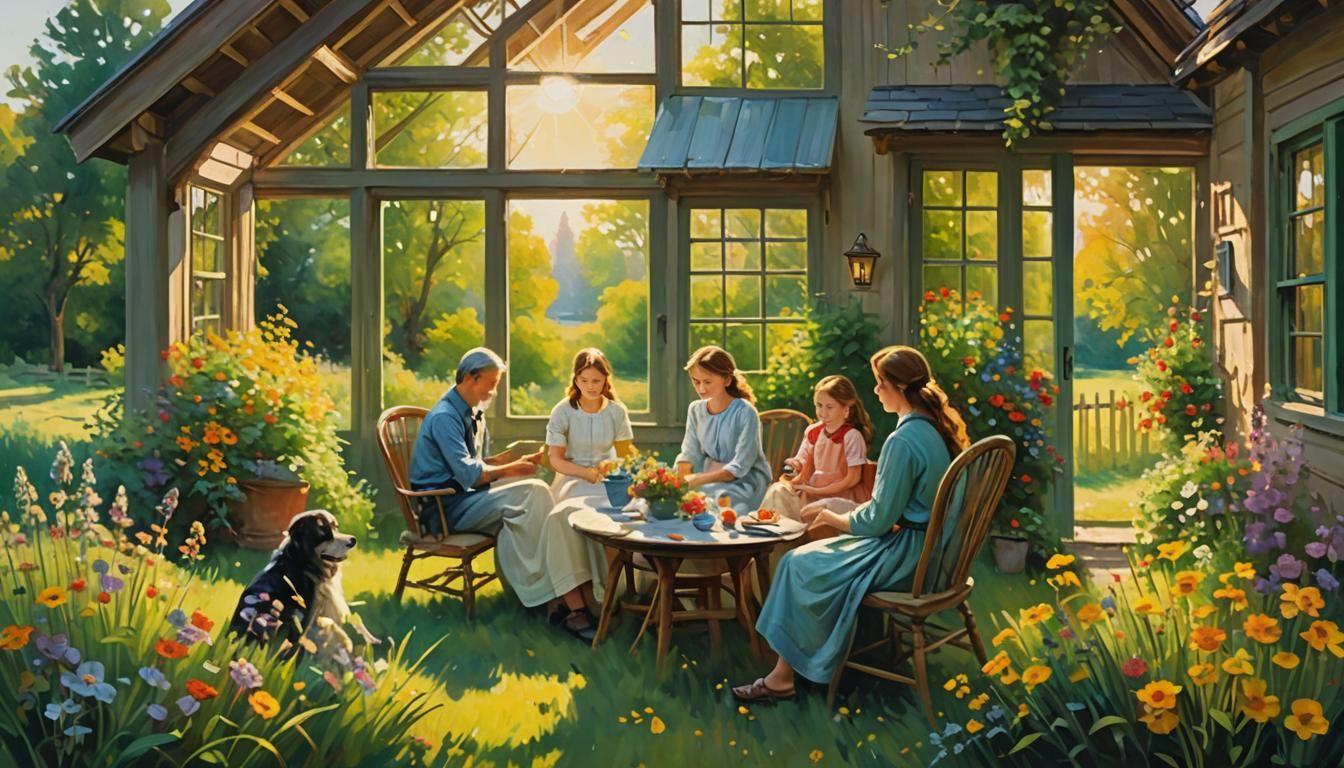 Ingels Family in Meadow House: Impressionist Oil Painting