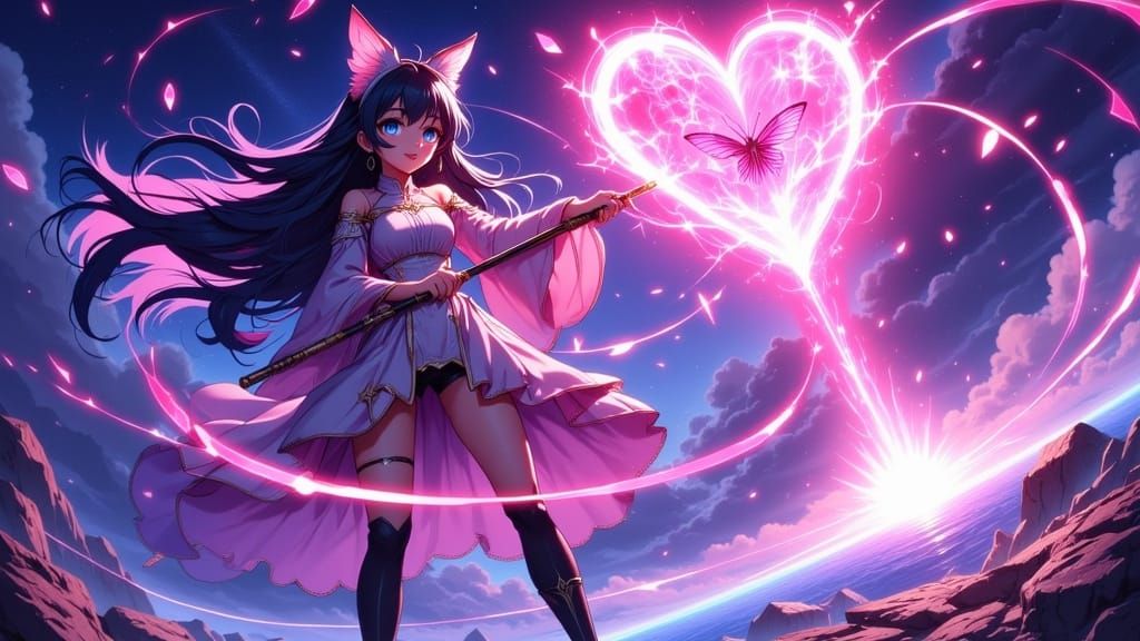 Anime Goddess in Cyberpunk Attire with Magical Crystal Staff