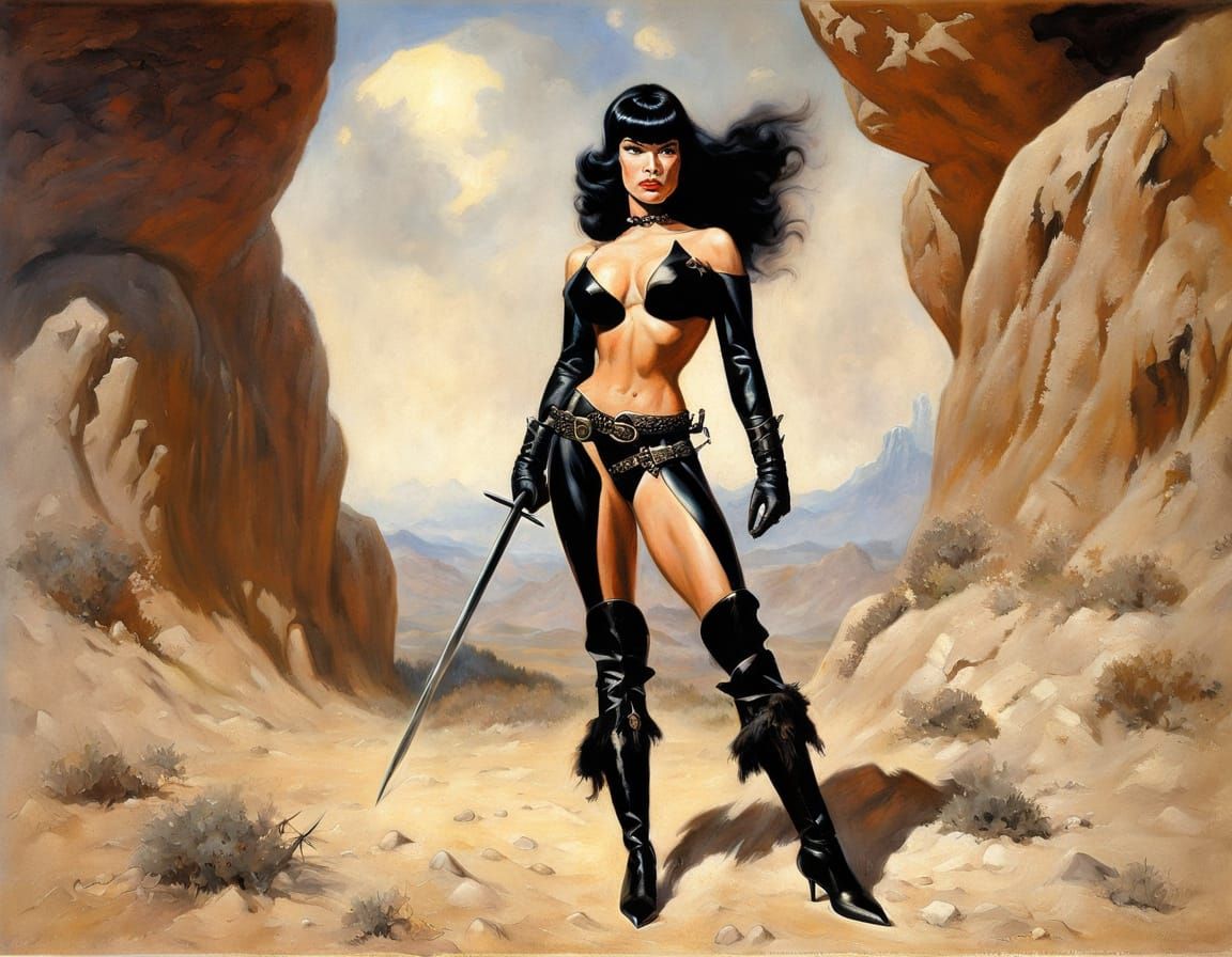 Bettie Page Warrior in Impressionist Oil Painting