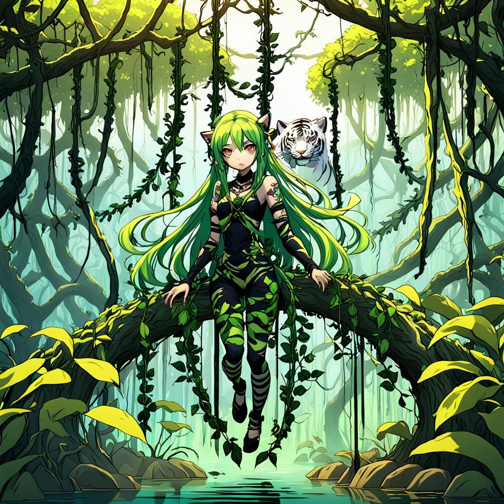 Anime Girl in Mangrove with Bengal Tigers