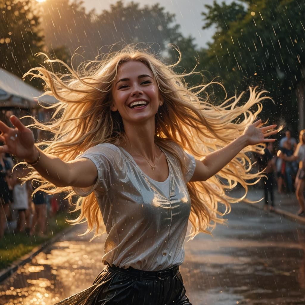 Joyful Woman Dancing in Summer Rain: Photorealistic Image