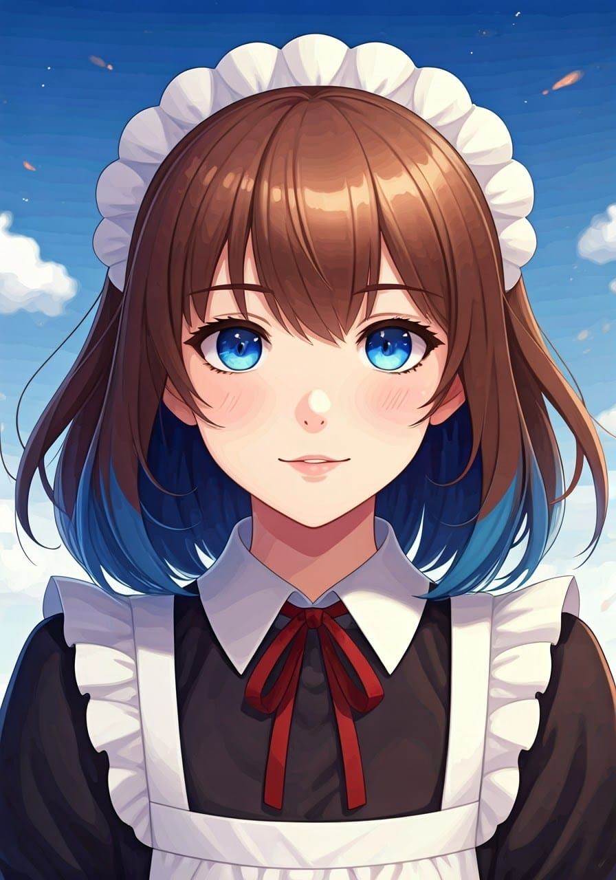 Anime Maid with Blue Highlights in Manga Style