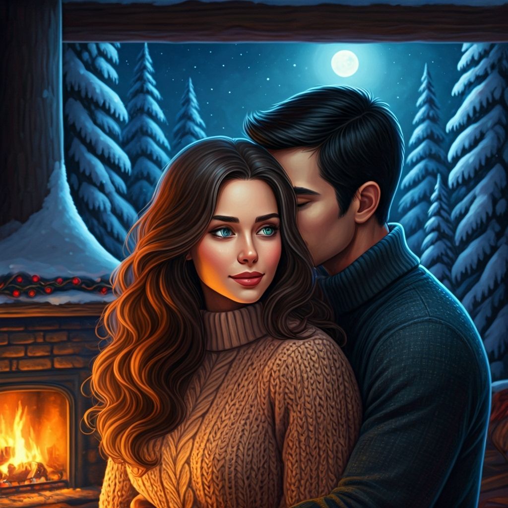 Couple Embracing by Fireplace in Cozy Cabin