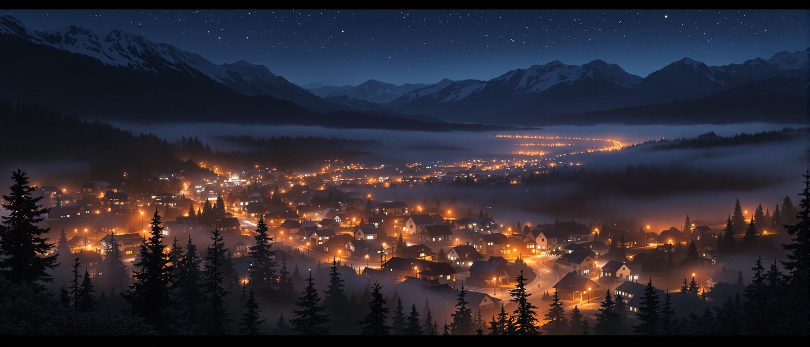Small Town in Pacific Northwest at Night