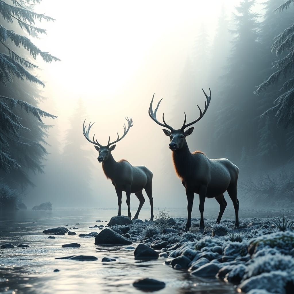 Misty Mountain Morning with Majestic Elk Couple