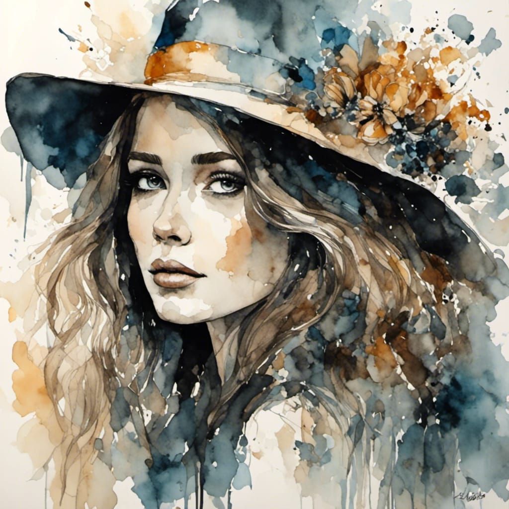 Watercolor Portrait of Woman in 70s Art Nouveau Style