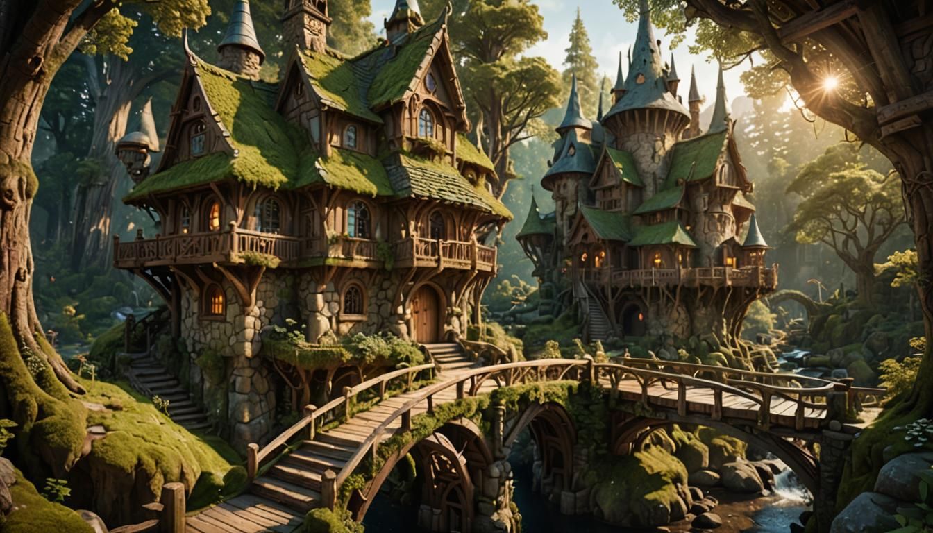 Whimsical Elven House in Forest, Fantastical Realism