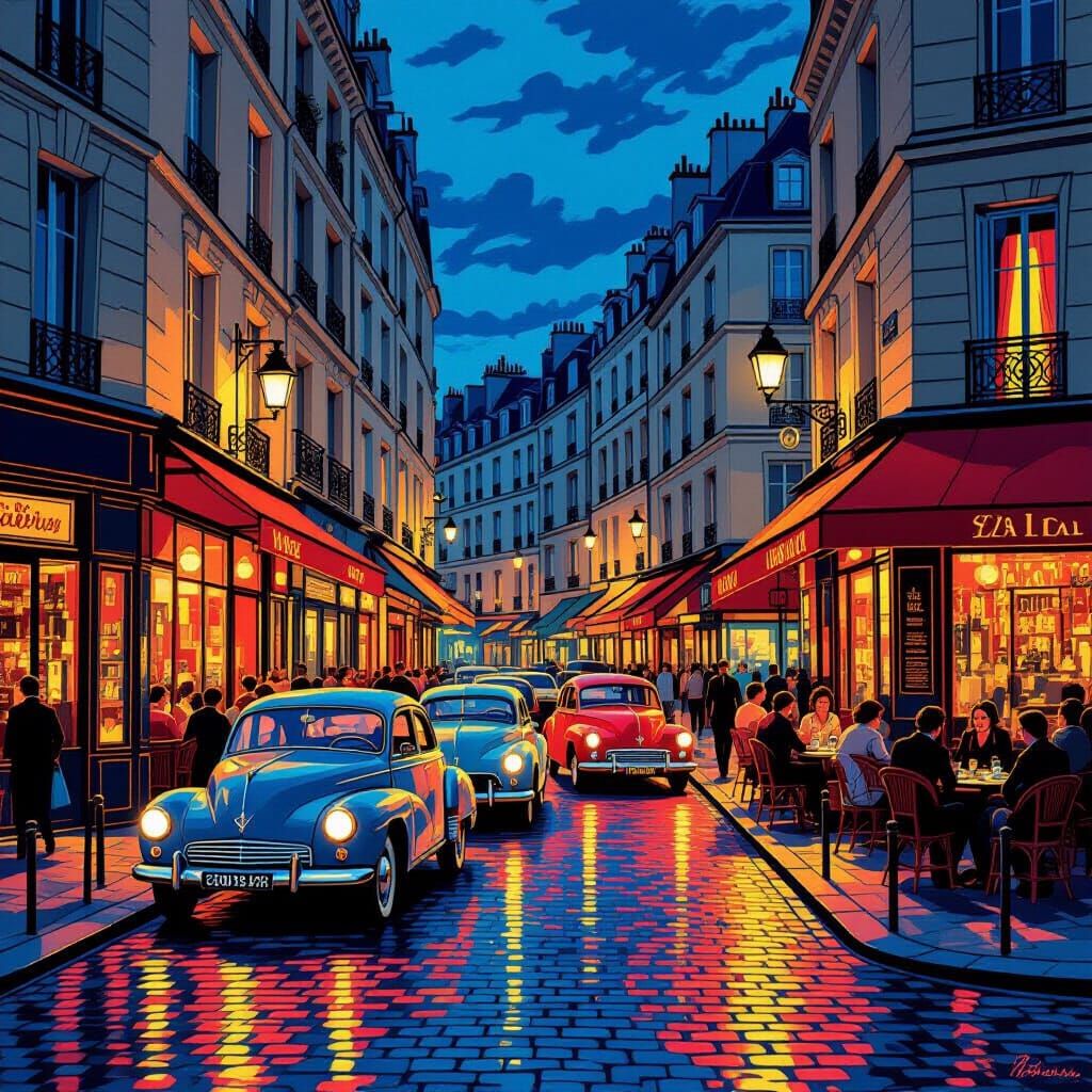 1960s Paris at Dusk in Vintage Poster Style
