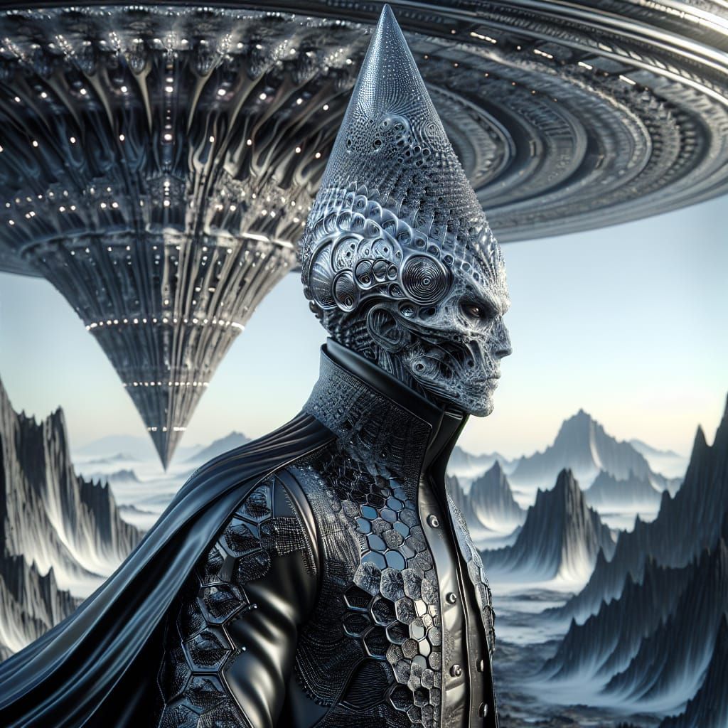 Cone-Headed Alien Predator in Vorticist Landscape