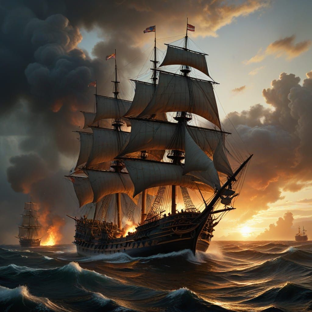 Dramatic 17th Century Sea Battle in Baroque Oil Painting Sty...