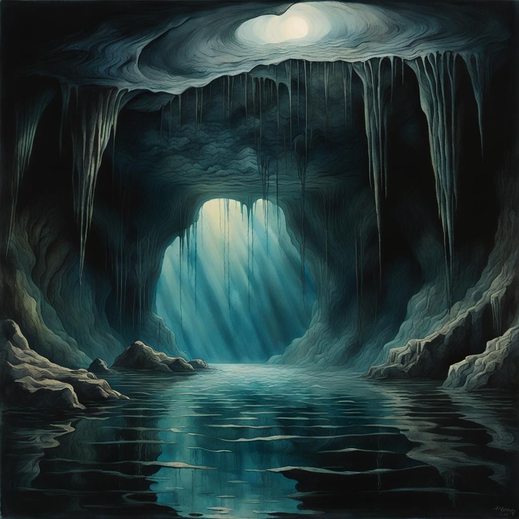 Ominous Presence in Flooded Cave, as Dark Watercolor