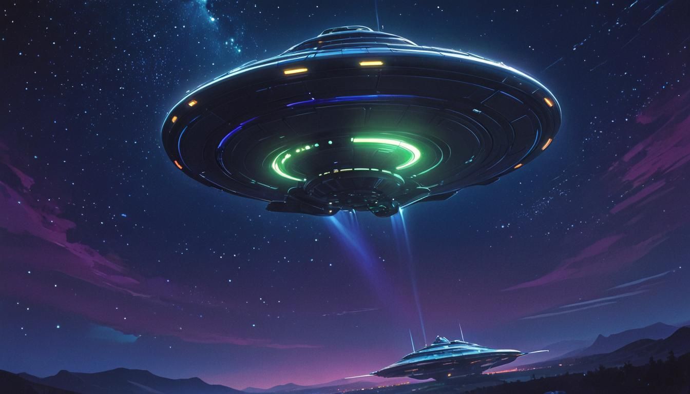 Neon UFO in Starry Sky: Sci-Fi Illustration