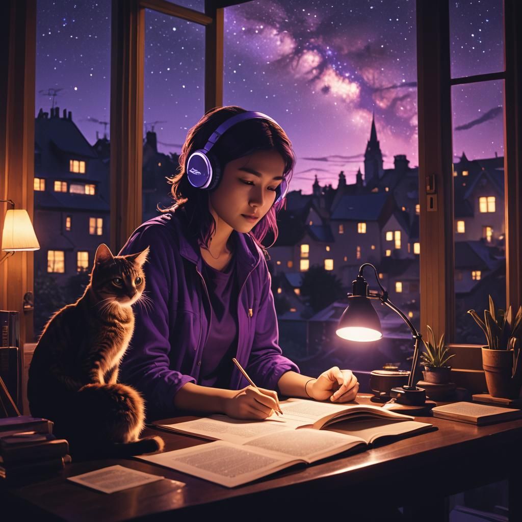 Lofi Girl Studying at Night with Cat