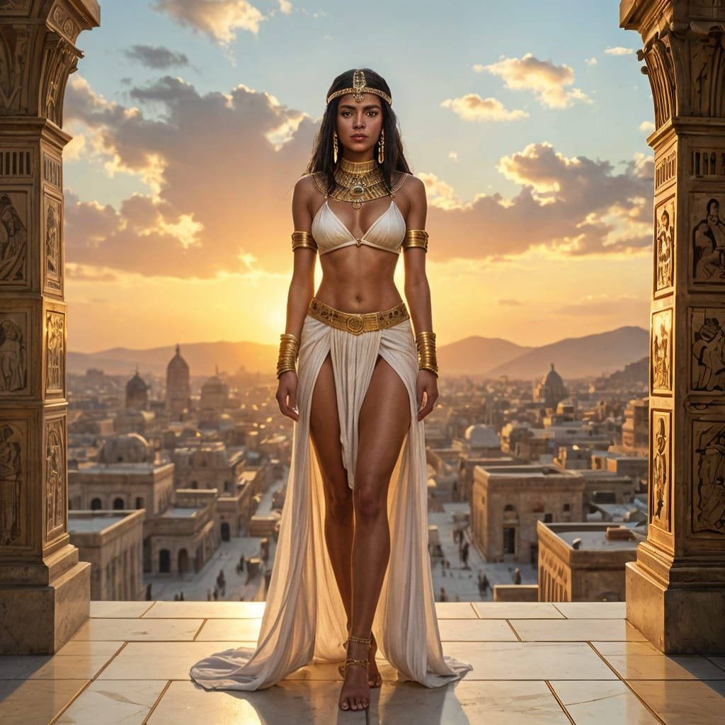 Regal Queen Overlooking Ancient City at Sunset