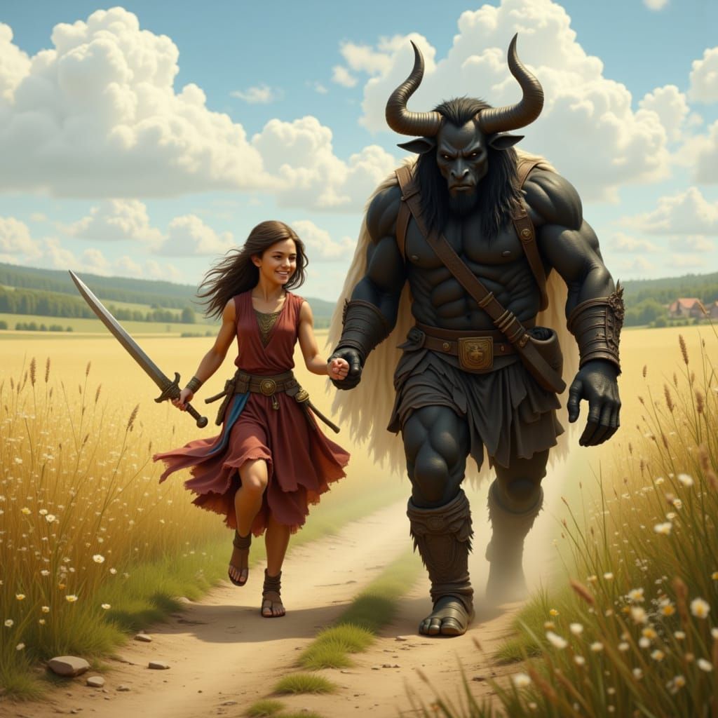 Brave Girl and Minotaur on Sunny Cart Trail