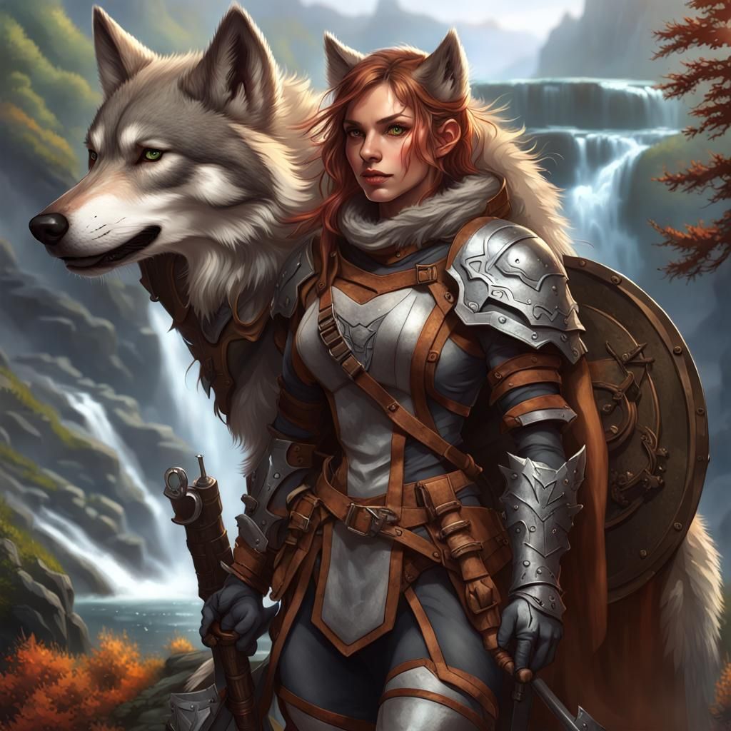 Wolf-Girl Adventurer in Fantasy Forest, Hyperdetailed Art