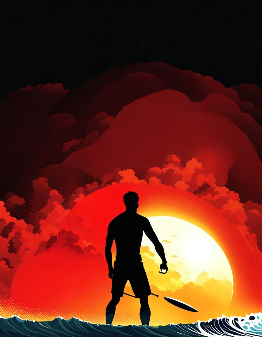 Surfer Rides Giant Wave Under Fiery Sun