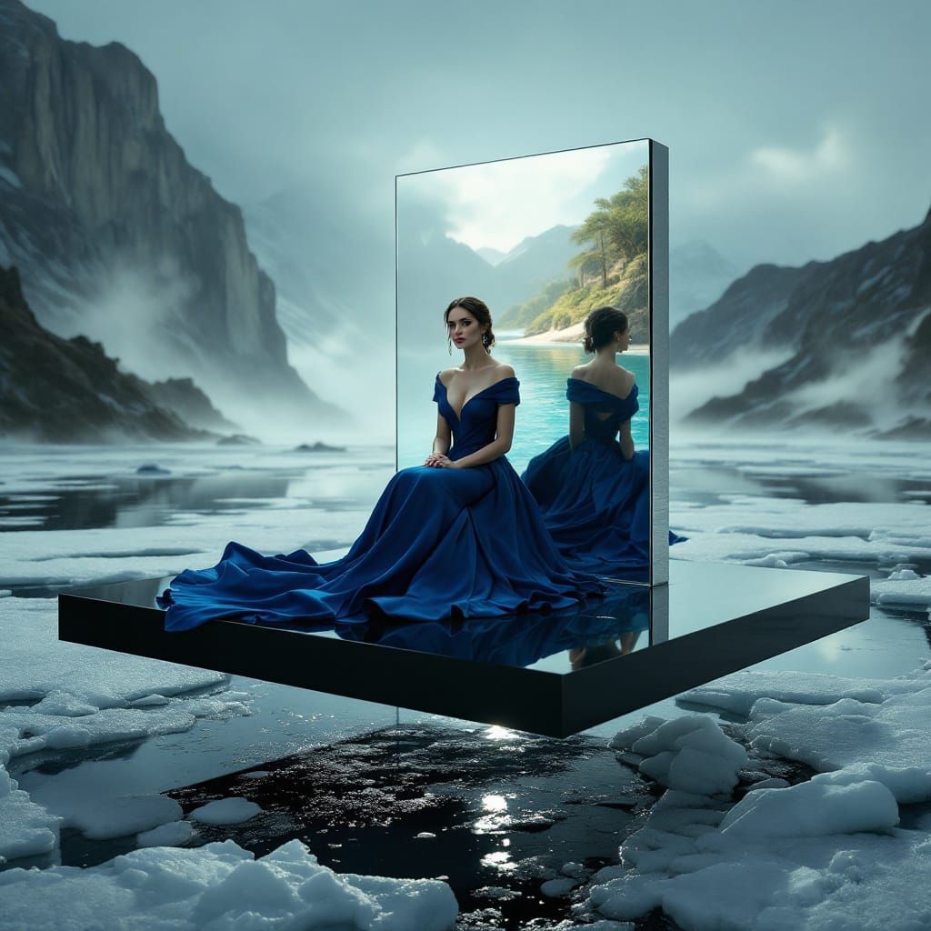 Regal Woman in Sapphire Gown Reflects Two Worlds