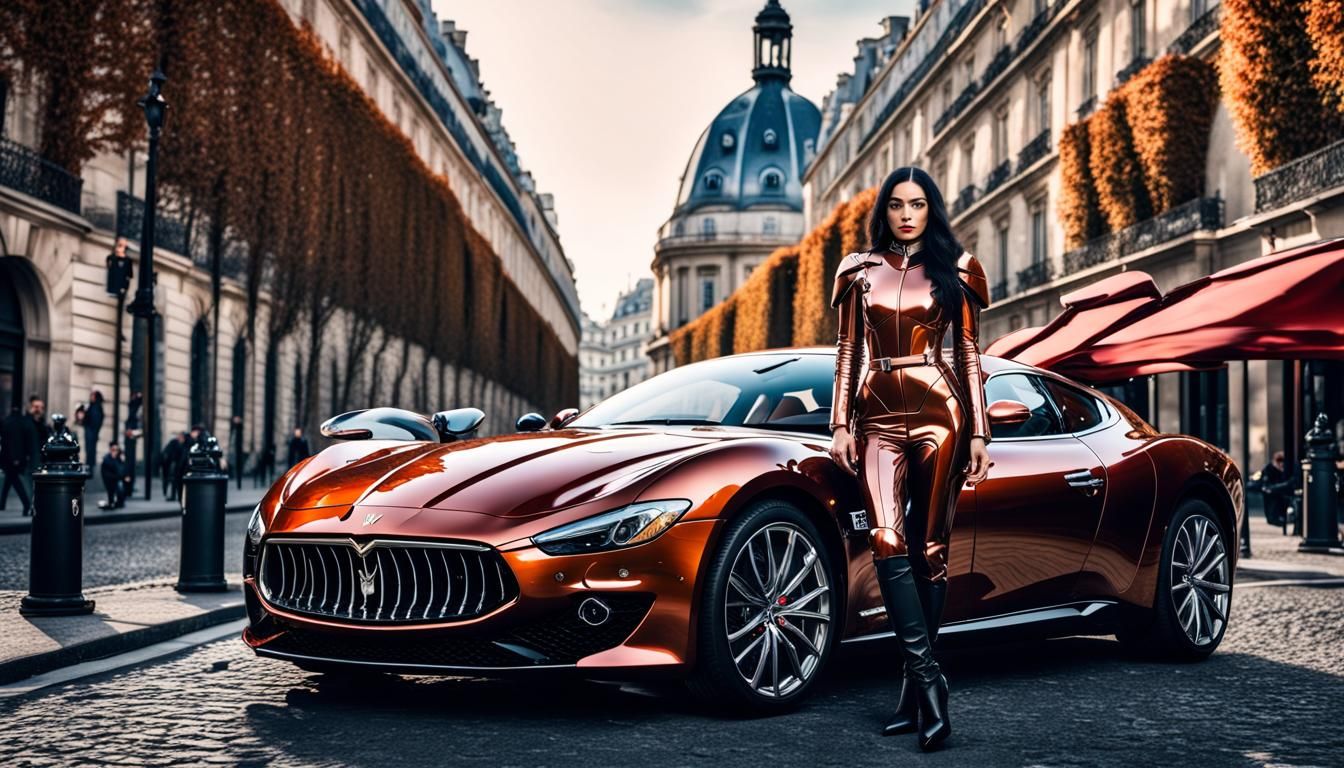 Supermodel in Copper Armor with Maserati in Paris