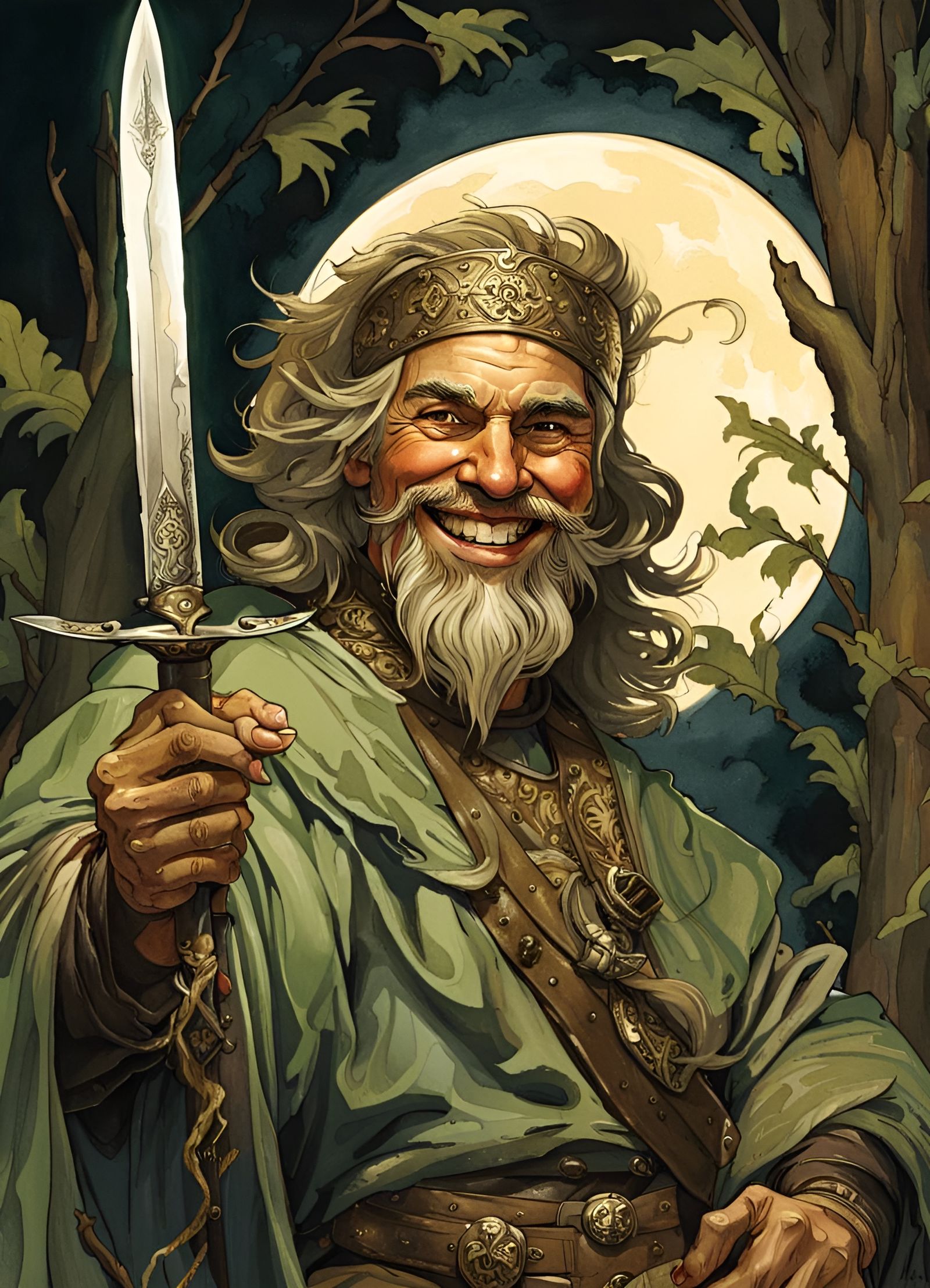 Medieval Bandit Chief in Forest, Ink Painting Style