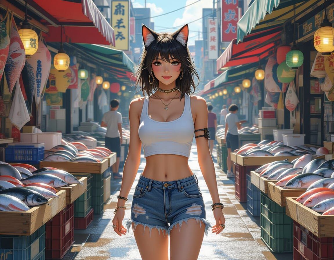 Cat Kitsune in Fish Market with Dynamic Lighting